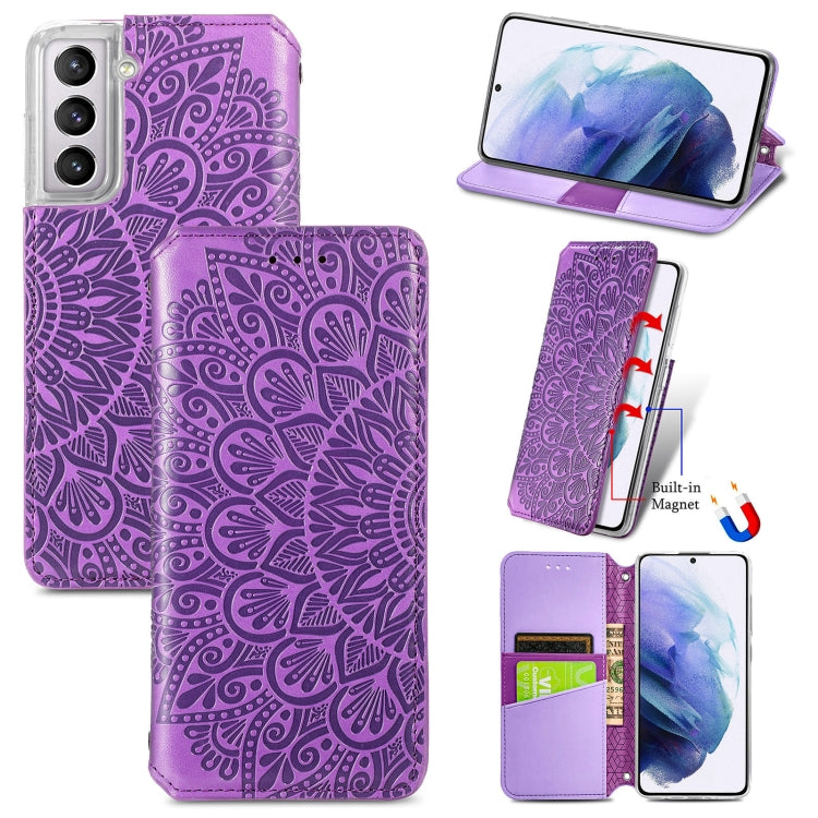 For Samsung Galaxy S21 5G Blooming Mandala Embossed Pattern Magnetic Horizontal Flip Leather Case with Holder & Card Slots & Wallet