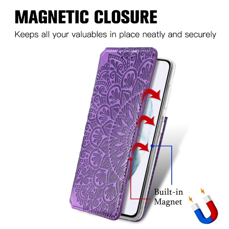 For Samsung Galaxy S21 5G Blooming Mandala Embossed Pattern Magnetic Horizontal Flip Leather Case with Holder & Card Slots & Wallet