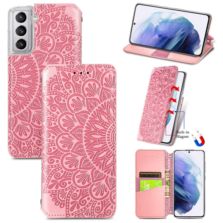 For Samsung Galaxy S21 5G Blooming Mandala Embossed Pattern Magnetic Horizontal Flip Leather Case with Holder & Card Slots & Wallet