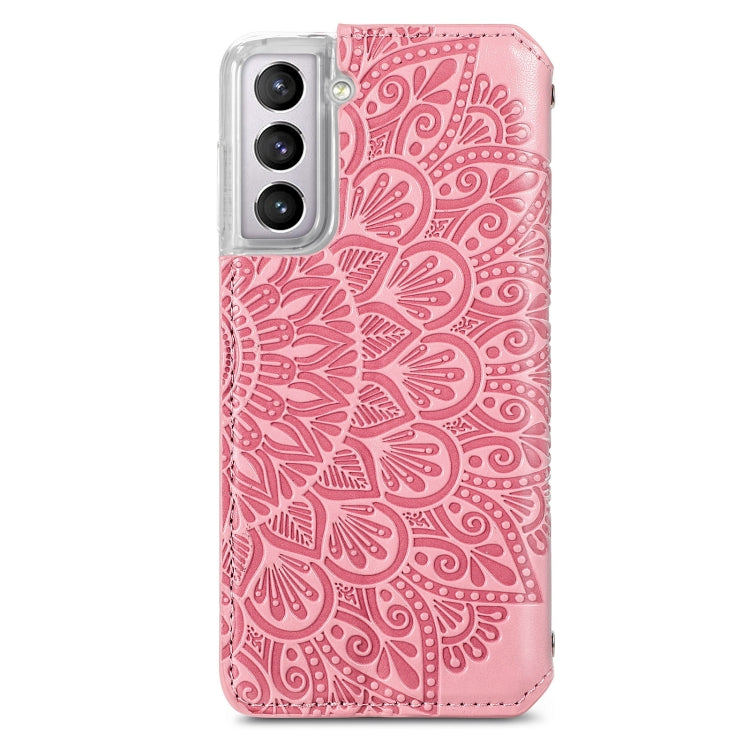 For Samsung Galaxy S21 5G Blooming Mandala Embossed Pattern Magnetic Horizontal Flip Leather Case with Holder & Card Slots & Wallet