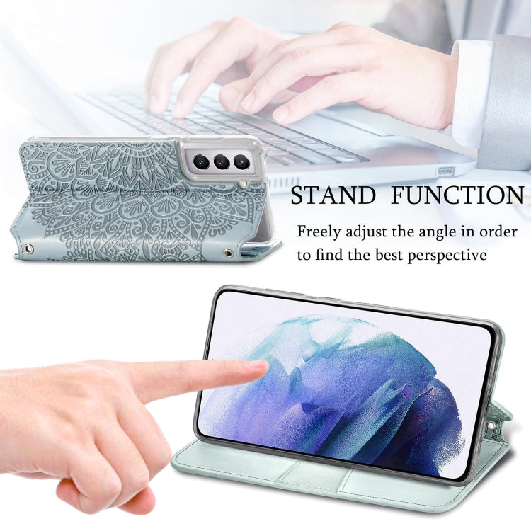For Samsung Galaxy S21 5G Blooming Mandala Embossed Pattern Magnetic Horizontal Flip Leather Case with Holder & Card Slots & Wallet
