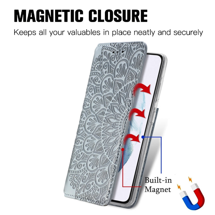 For Samsung Galaxy S21 5G Blooming Mandala Embossed Pattern Magnetic Horizontal Flip Leather Case with Holder & Card Slots & Wallet
