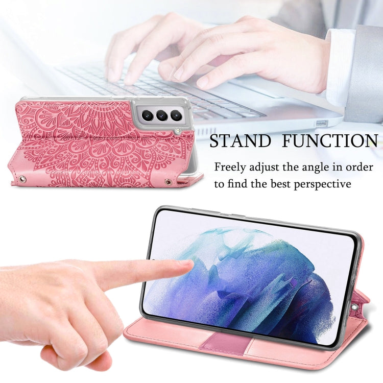 For Samsung Galaxy S21+ 5G Blooming Mandala Embossed Pattern Magnetic Horizontal Flip Leather Case with Holder & Card Slots & Wallet