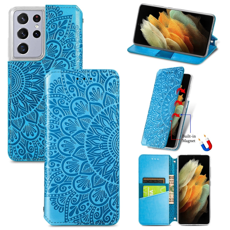 For Samsung Galaxy S21 Ultra 5G Blooming Mandala Embossed Pattern Magnetic Horizontal Flip Leather Case with Holder & Card Slots & Wallet