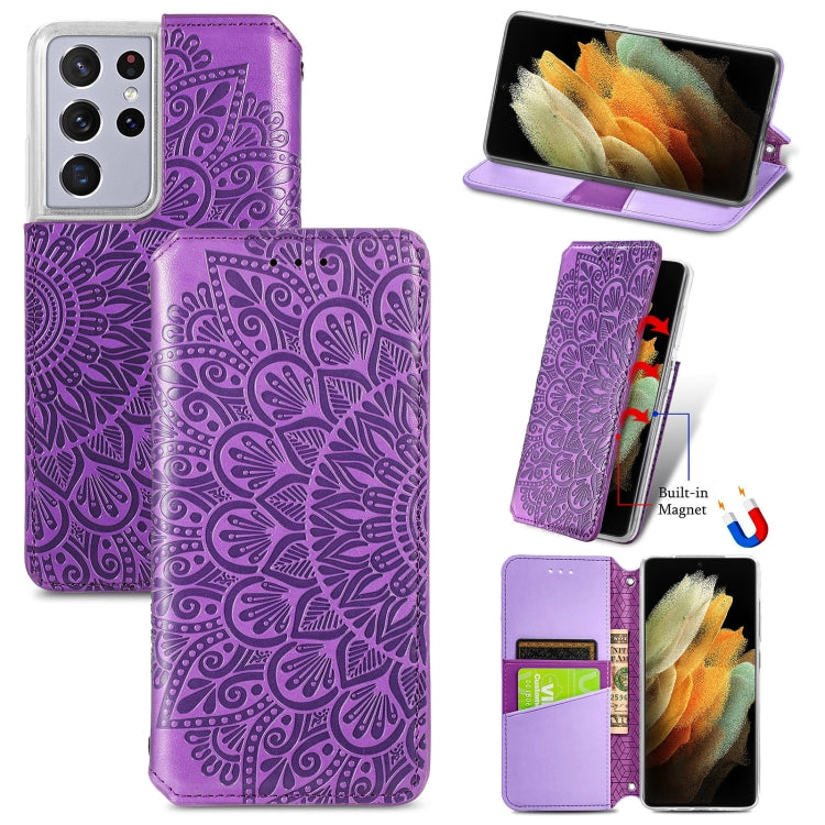 For Samsung Galaxy S21 Ultra 5G Blooming Mandala Embossed Pattern Magnetic Horizontal Flip Leather Case with Holder & Card Slots & Wallet