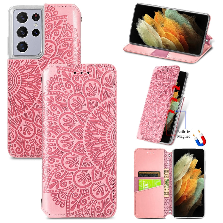 For Samsung Galaxy S21 Ultra 5G Blooming Mandala Embossed Pattern Magnetic Horizontal Flip Leather Case with Holder & Card Slots & Wallet
