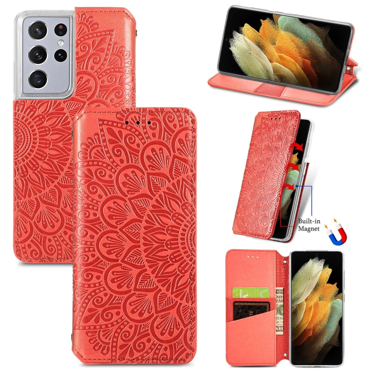 For Samsung Galaxy S21 Ultra 5G Blooming Mandala Embossed Pattern Magnetic Horizontal Flip Leather Case with Holder & Card Slots & Wallet