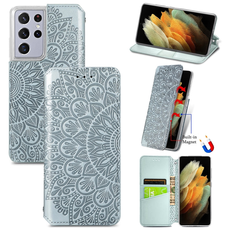 For Samsung Galaxy S21 Ultra 5G Blooming Mandala Embossed Pattern Magnetic Horizontal Flip Leather Case with Holder & Card Slots & Wallet