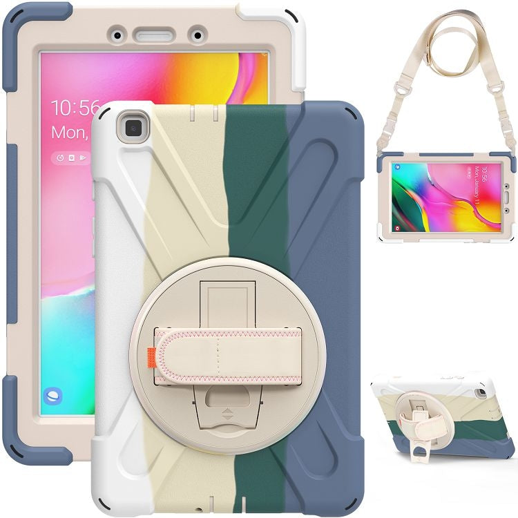 For Samsung Galaxy Tab A 8.0 (2019) T290 / T295 Shockproof Colorful Silicone + PC Protective Case with Holder & Shoulder Strap & Hand Strap