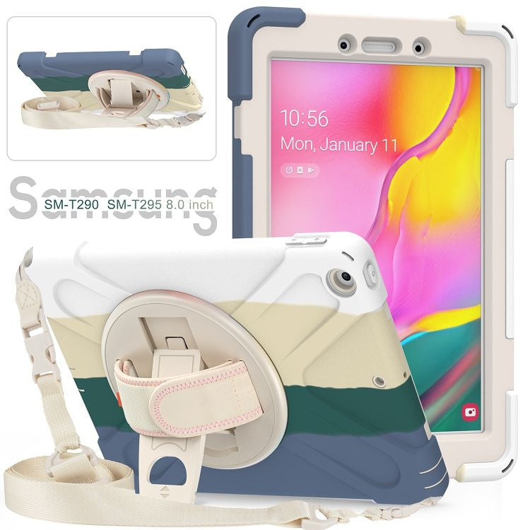 For Samsung Galaxy Tab A 8.0 (2019) T290 / T295 Shockproof Colorful Silicone + PC Protective Case with Holder & Shoulder Strap & Hand Strap