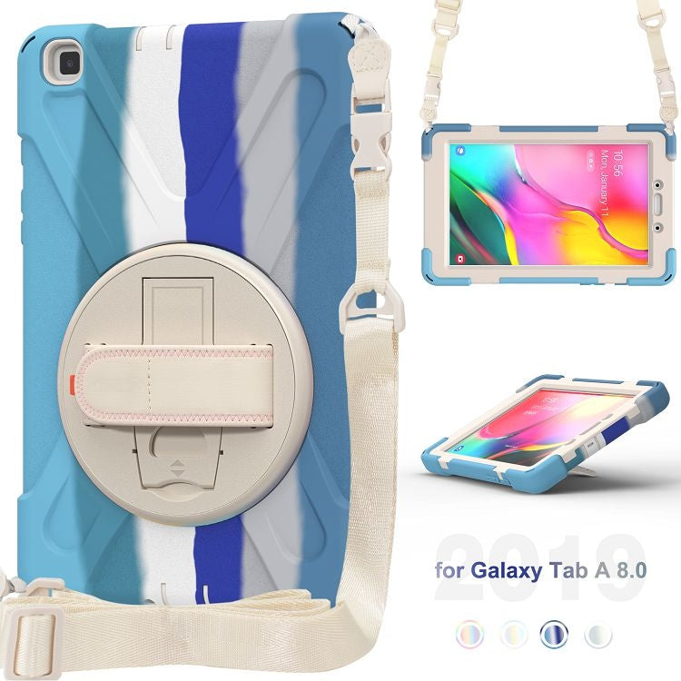 For Samsung Galaxy Tab A 8.0 (2019) T290 / T295 Shockproof Colorful Silicone + PC Protective Case with Holder & Shoulder Strap & Hand Strap