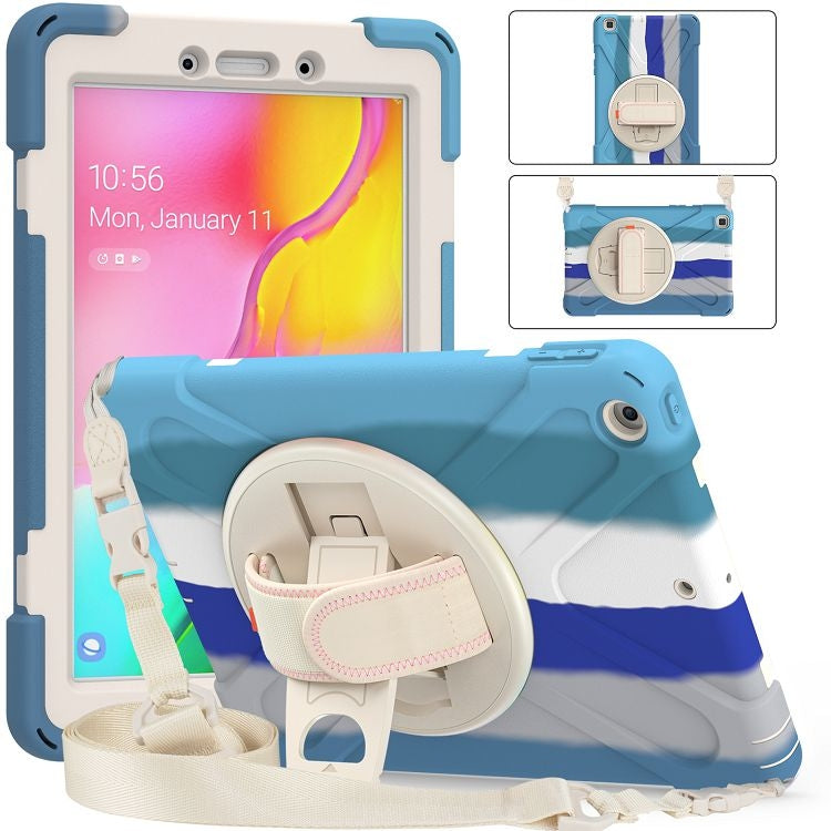 For Samsung Galaxy Tab A 8.0 (2019) T290 / T295 Shockproof Colorful Silicone + PC Protective Case with Holder & Shoulder Strap & Hand Strap