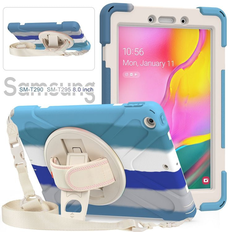 For Samsung Galaxy Tab A 8.0 (2019) T290 / T295 Shockproof Colorful Silicone + PC Protective Case with Holder & Shoulder Strap & Hand Strap