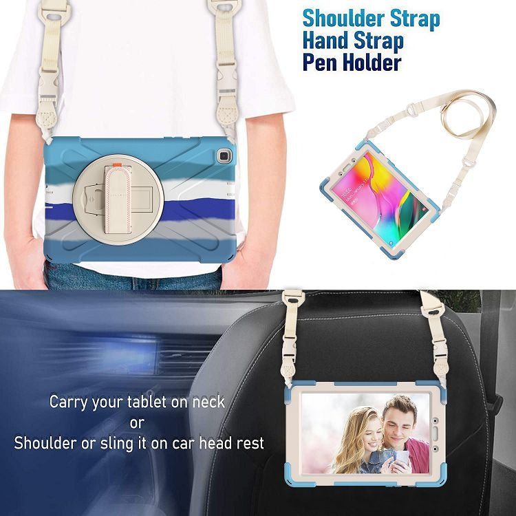 For Samsung Galaxy Tab A 8.0 (2019) T290 / T295 Shockproof Colorful Silicone + PC Protective Case with Holder & Shoulder Strap & Hand Strap