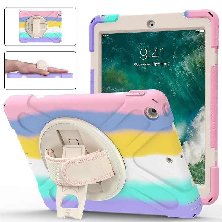 Shockproof Colorful Silicone + PC Protective Case with Holder & Shoulder Strap & Hand Strap For iPad 9.7 (2018)