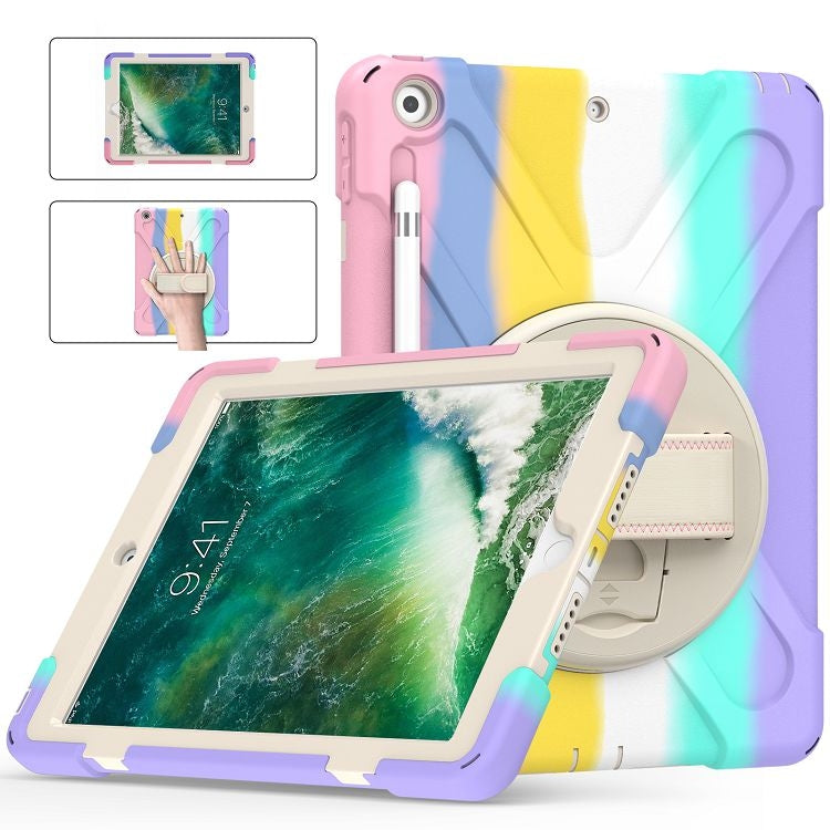 Shockproof Colorful Silicone + PC Protective Case with Holder & Shoulder Strap & Hand Strap For iPad 9.7 (2018)