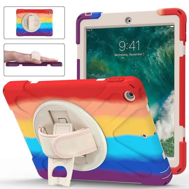 Shockproof Colorful Silicone + PC Protective Case with Holder & Shoulder Strap & Hand Strap For iPad 9.7 (2018)
