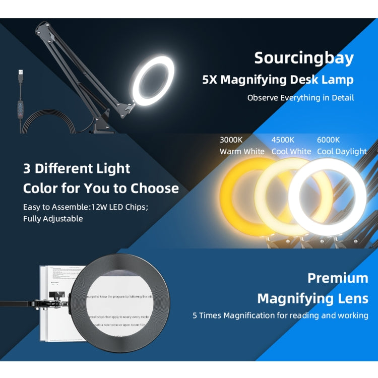 12W 4.1 inch 5X Magnifying Glass Multi-function Adjustable LED Magnifying Desk Lamp