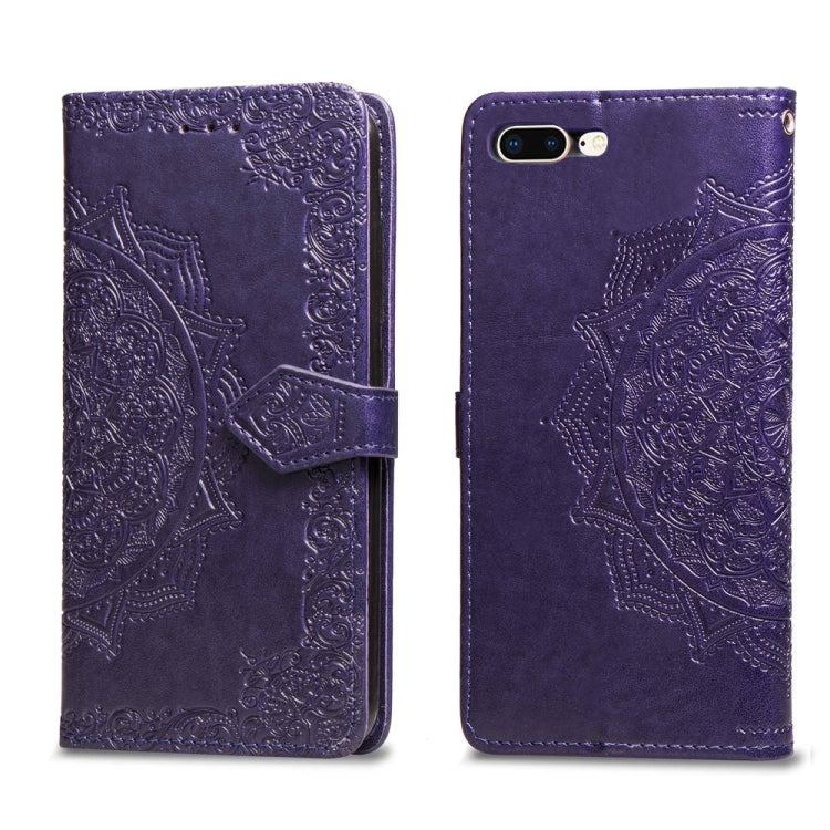For iPhone 8 Plus / 7 Plus Halfway Mandala Embossing Pattern Horizontal Flip Leather Case with Holder & Card Slots & Wallet & Lanyard