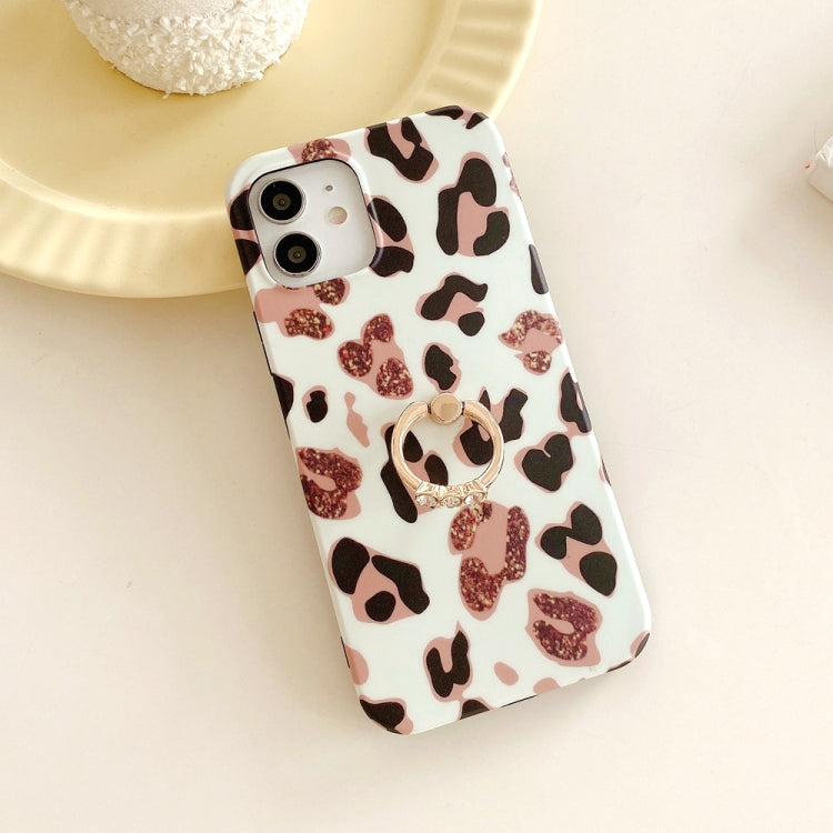 For iPhone 11 Pro Max Leopard Texture with Ring Metal Rhinestone Bracket Mobile Phone Protective Case