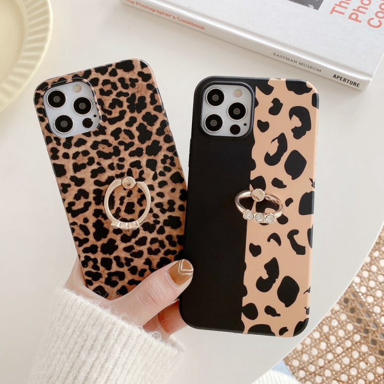 For iPhone 11 Pro Max Leopard Texture with Ring Metal Rhinestone Bracket Mobile Phone Protective Case