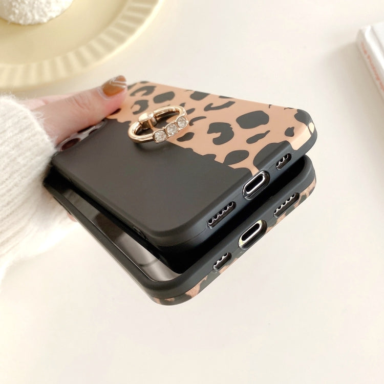 For iPhone 11 Pro Max Leopard Texture with Ring Metal Rhinestone Bracket Mobile Phone Protective Case