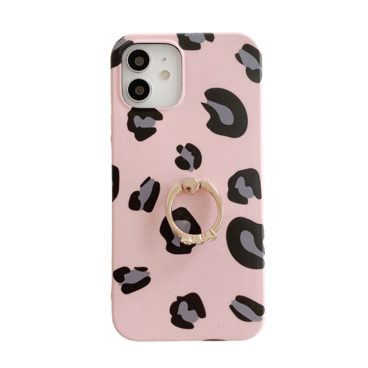 For iPhone 12 mini Leopard Texture with Ring Metal Rhinestone Bracket Mobile Phone Protective Case