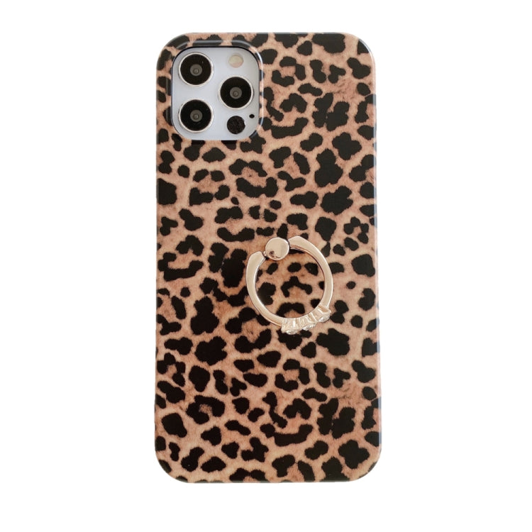 For iPhone 12 mini Leopard Texture with Ring Metal Rhinestone Bracket Mobile Phone Protective Case