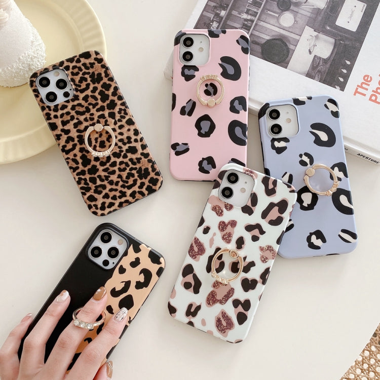 For iPhone 12 mini Leopard Texture with Ring Metal Rhinestone Bracket Mobile Phone Protective Case