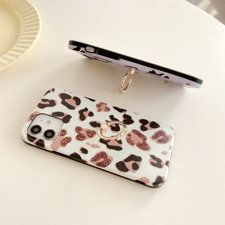 For iPhone 12 Pro Max Leopard Texture with Ring Metal Rhinestone Bracket Mobile Phone Protective Case