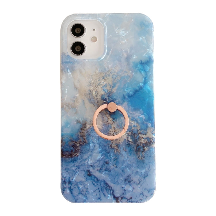 For iPhone 11 Pro Shell Texture Marble with Ring Metal Rhinestone Bracket Mobile Phone Protective Case