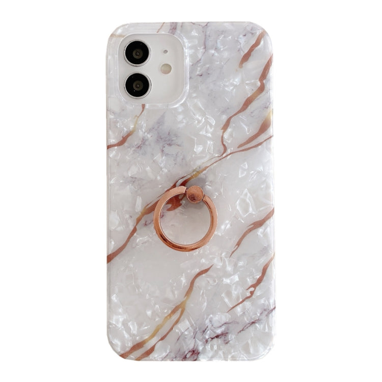 For iPhone 11 Pro Max Shell Texture Marble with Ring Metal Rhinestone Bracket Mobile Phone Protective Case