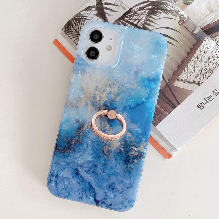 For iPhone 11 Pro Max Shell Texture Marble with Ring Metal Rhinestone Bracket Mobile Phone Protective Case