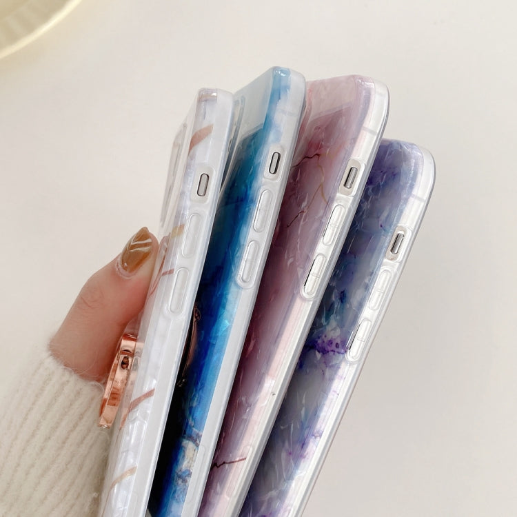 For iPhone 11 Pro Max Shell Texture Marble with Ring Metal Rhinestone Bracket Mobile Phone Protective Case