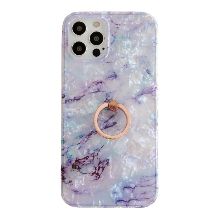 For iPhone 12 mini Shell Texture Marble with Ring Metal Rhinestone Bracket Mobile Phone Protective Case