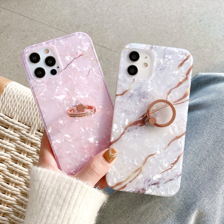 For iPhone 12 / 12 Pro Shell Texture Marble with Ring Metal Rhinestone Bracket Mobile Phone Protective Case