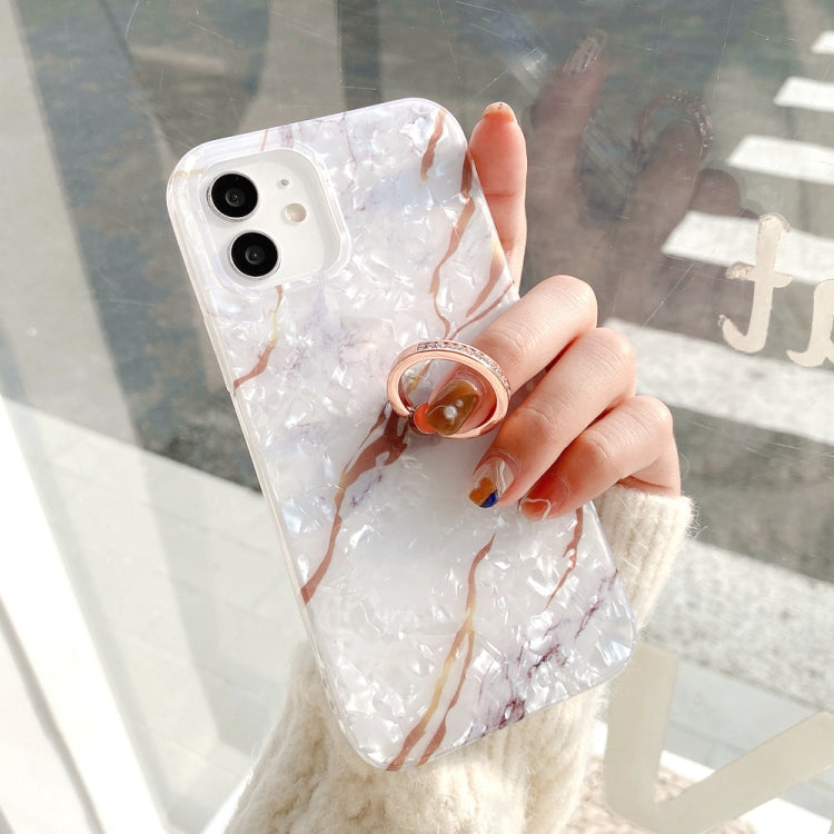 For iPhone 12 Pro Max Shell Texture Marble with Ring Metal Rhinestone Bracket Mobile Phone Protective Case