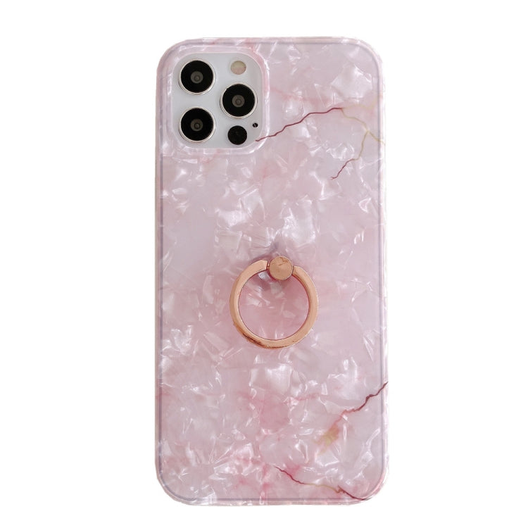 For iPhone 12 Pro Max Shell Texture Marble with Ring Metal Rhinestone Bracket Mobile Phone Protective Case