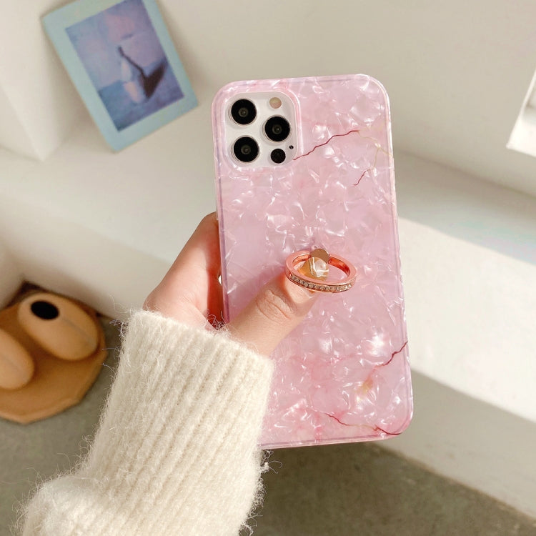 For iPhone 12 Pro Max Shell Texture Marble with Ring Metal Rhinestone Bracket Mobile Phone Protective Case