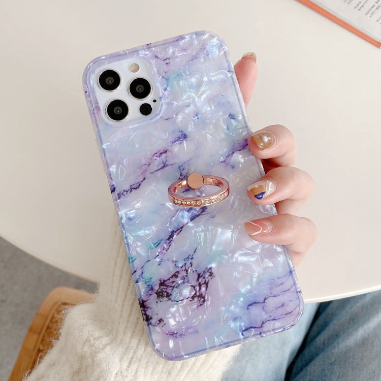For iPhone 12 Pro Max Shell Texture Marble with Ring Metal Rhinestone Bracket Mobile Phone Protective Case