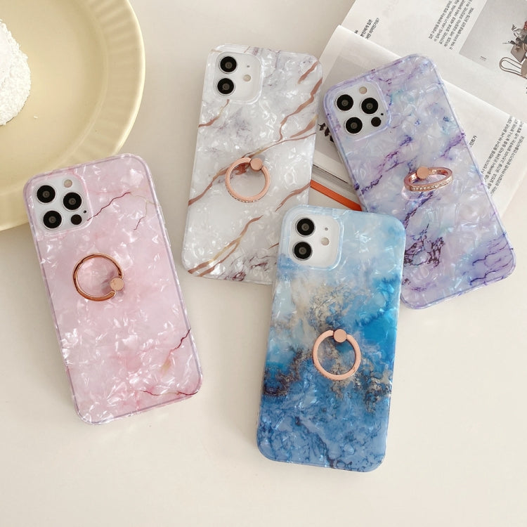 For iPhone 12 Pro Max Shell Texture Marble with Ring Metal Rhinestone Bracket Mobile Phone Protective Case