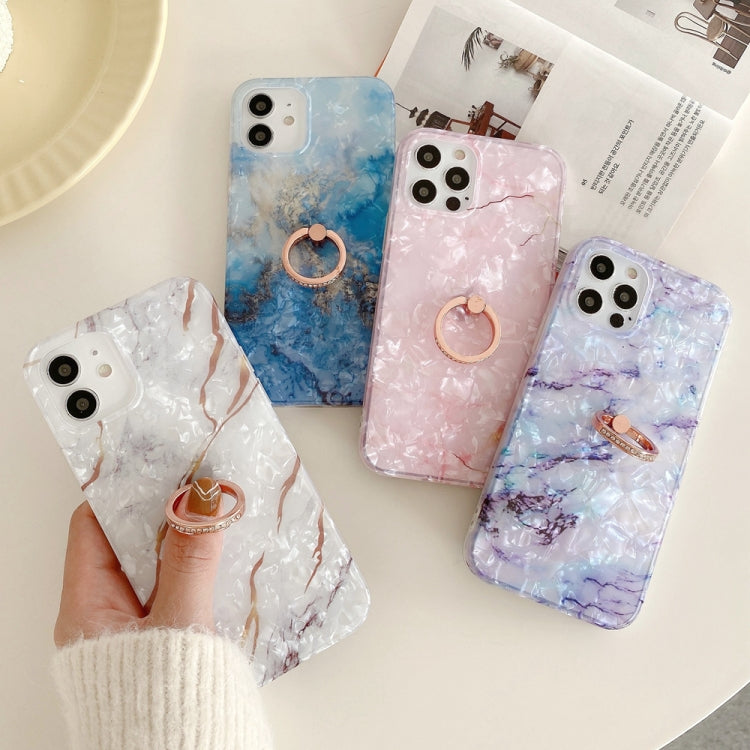 For iPhone 12 Pro Max Shell Texture Marble with Ring Metal Rhinestone Bracket Mobile Phone Protective Case
