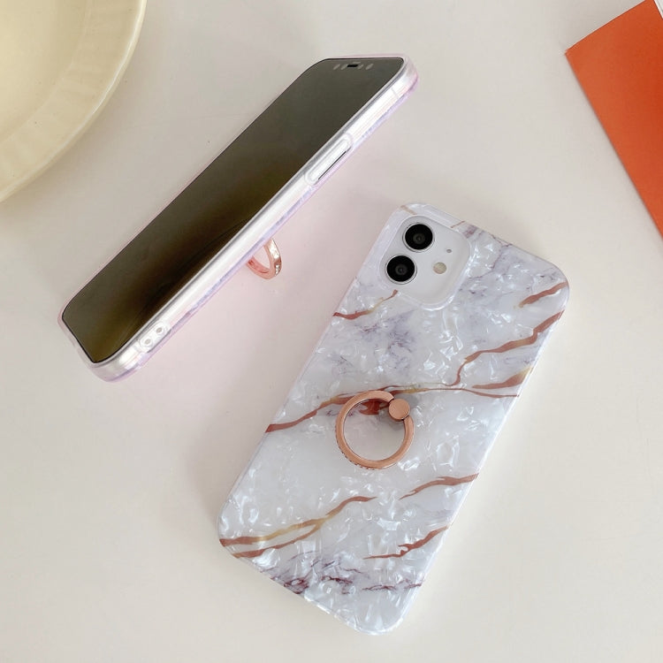 For iPhone 12 Pro Max Shell Texture Marble with Ring Metal Rhinestone Bracket Mobile Phone Protective Case