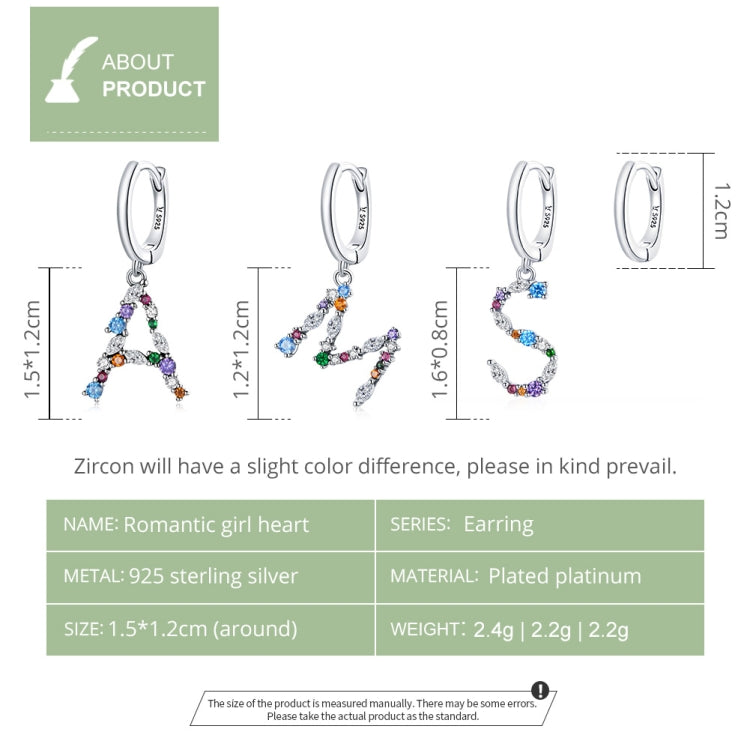 S925 Sterling Silver Colorful Zircon Letters A Asymmetry Women Earrings