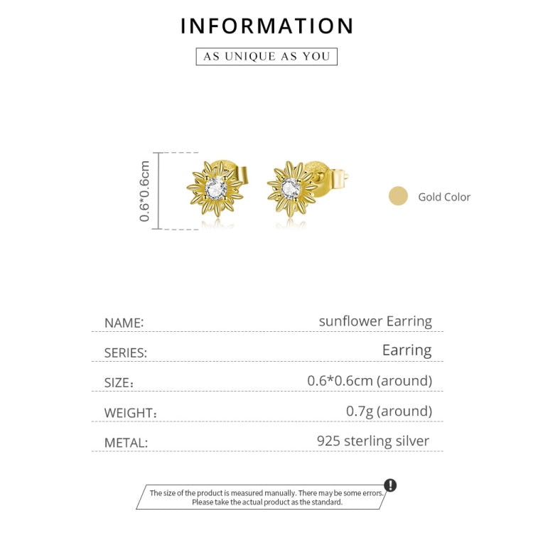 S925 Sterling Silver Gold Sun Flower Women Earrings