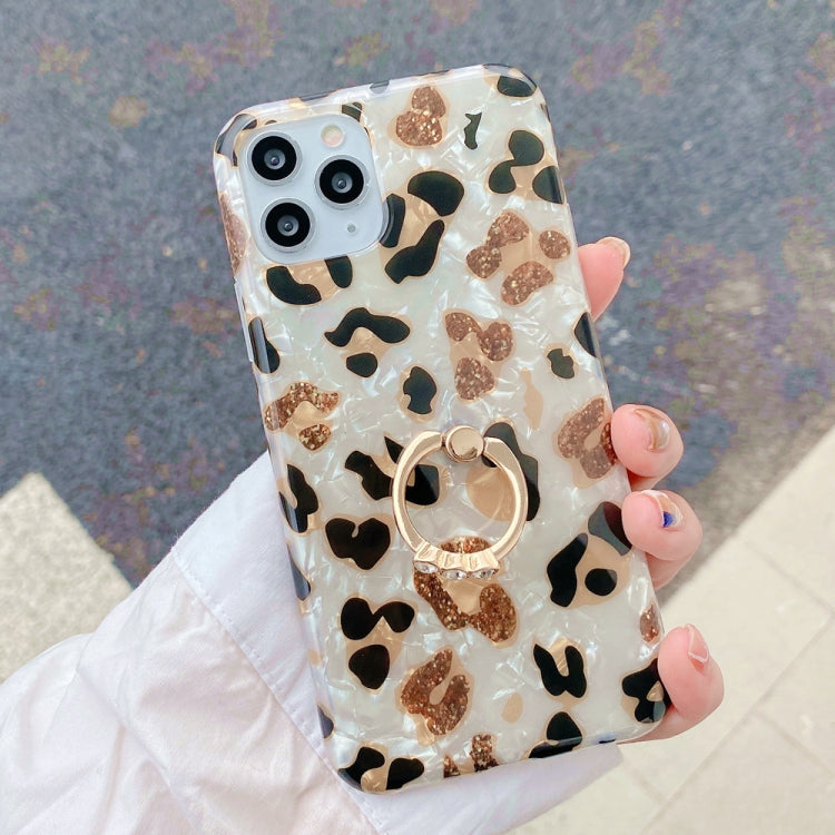 For iPhone 11 Pro Glossy Leopard Pattern Shockproof TPU Case with Diamond Ring Holder