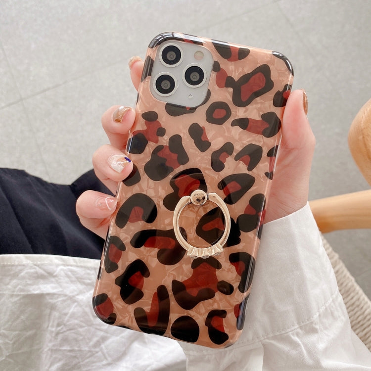 For iPhone 12 / 12 Pro Glossy Leopard Pattern Shockproof TPU Case with Diamond Ring Holder