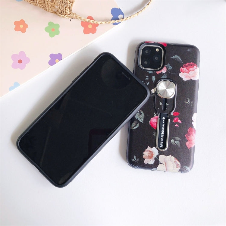 For iPhone 11 Flower Series Painting Shockproof Multi-functional Invisible Ring Holder Protective Case with Vehicle Magnetic Sheet