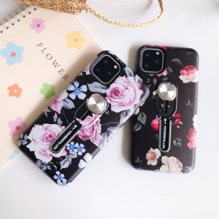 For iPhone 11 Flower Series Painting Shockproof Multi-functional Invisible Ring Holder Protective Case with Vehicle Magnetic Sheet