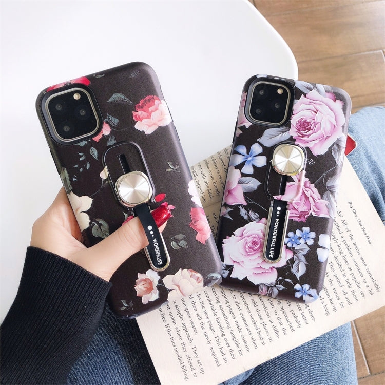 For iPhone 11 Flower Series Painting Shockproof Multi-functional Invisible Ring Holder Protective Case with Vehicle Magnetic Sheet